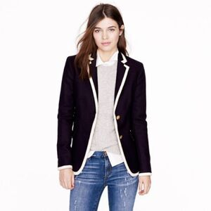 J. Crew Tipped Double-Serge 100% Wool Hacking Jacket in Navy/Cream, Size 2